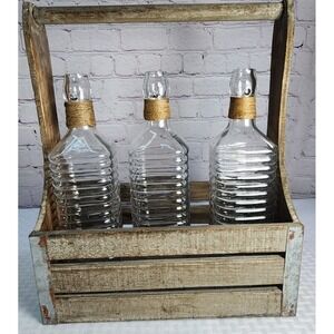 Wooden Rustic Farm Basket + 3 GLASS ASHLAND SQUARE BEEHIVE BOTTLES Decor Porch